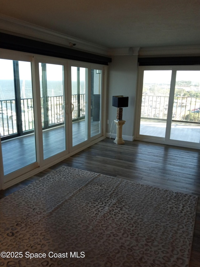 doorway with a water view, ornamental molding, and dark hardwood / wood-style flooring