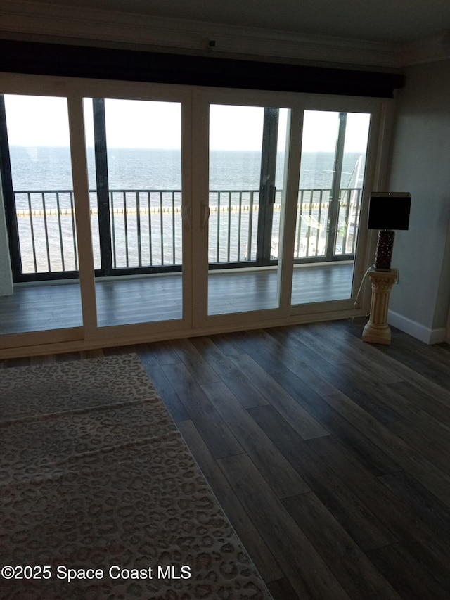 entryway featuring a water view and hardwood / wood-style floors