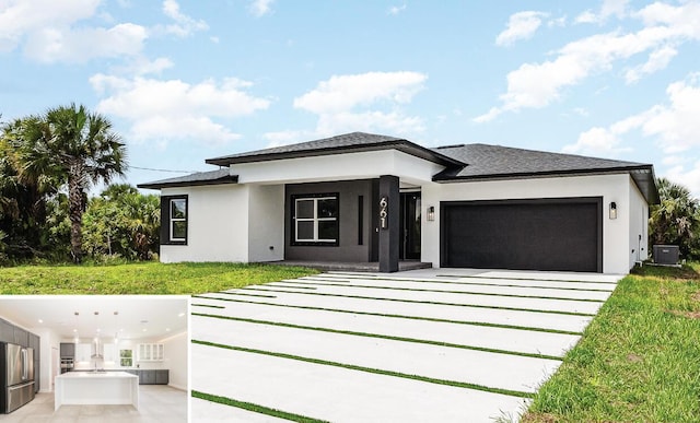 prairie-style home featuring a garage, a front yard, and central air condition unit