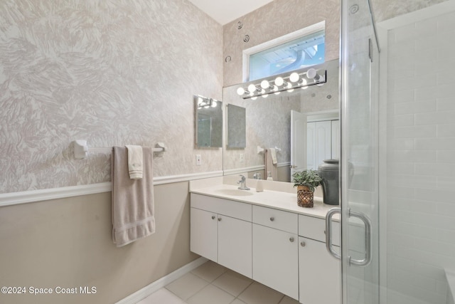 full bath with wallpapered walls, vanity, a shower stall, and tile patterned flooring