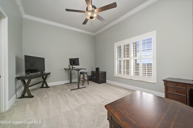 4955 Dixie Hwy NE Unit 801, Palm Bay, FL 32905 - office area featuring light colored carpet, ceiling fan, baseboards, and ornamental molding