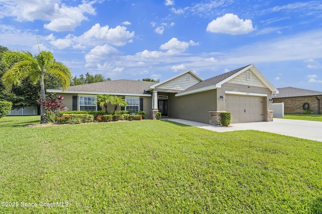 ranch-style house featuring a garage and a front lawn