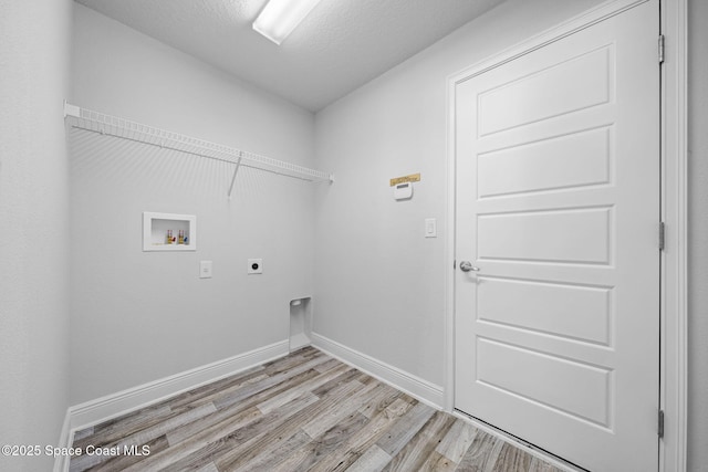 laundry room featuring hookup for a washing machine, hookup for an electric dryer, a textured ceiling, and light wood-type flooring