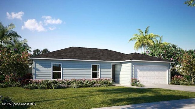 ranch-style home featuring a garage and a front yard