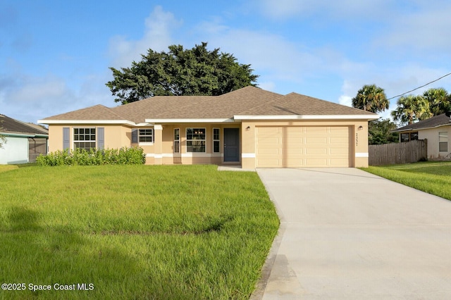 ranch-style house with a garage and a front lawn