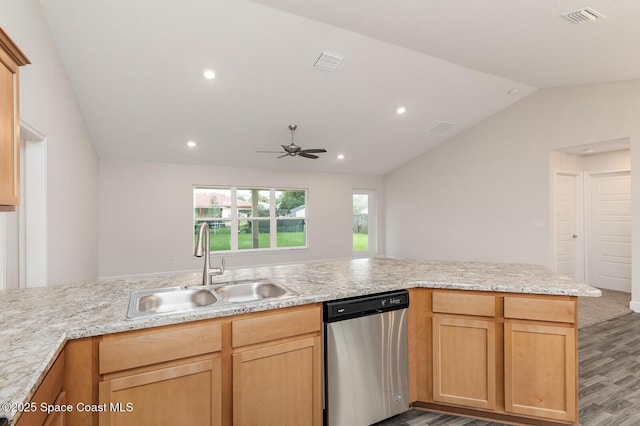 kitchen featuring lofted ceiling, sink, stainless steel dishwasher, kitchen peninsula, and ceiling fan