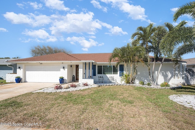 ranch-style house with stucco siding, covered porch, an attached garage, driveway, and a front yard