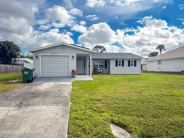 single story home featuring a garage, driveway, a front lawn, and fence