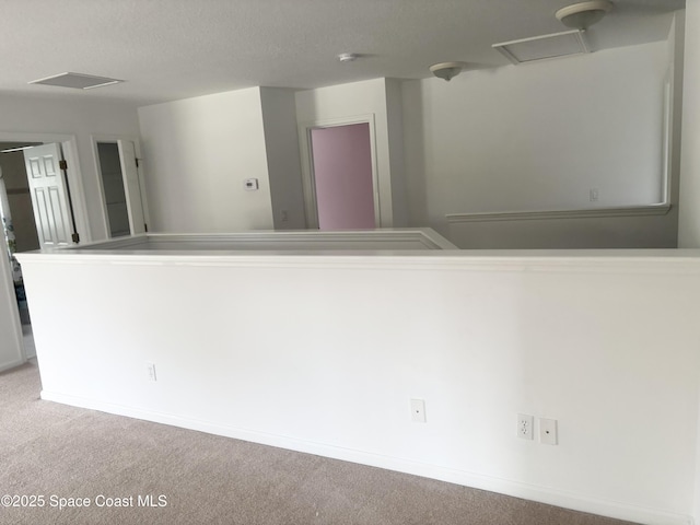 spare room with a textured ceiling, carpet flooring, and attic access