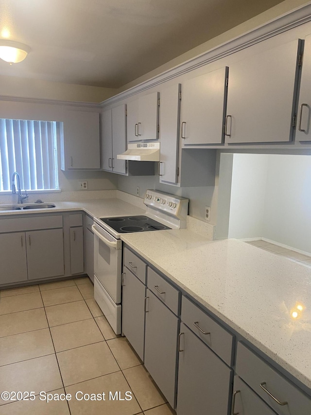 kitchen featuring gray cabinets, sink, and white range with electric stovetop