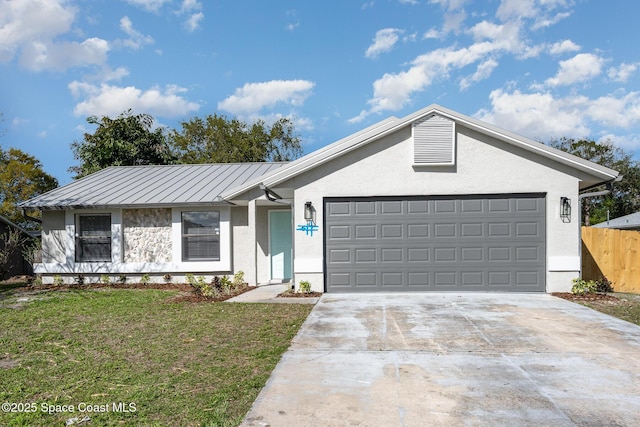 ranch-style home featuring a garage and a front lawn