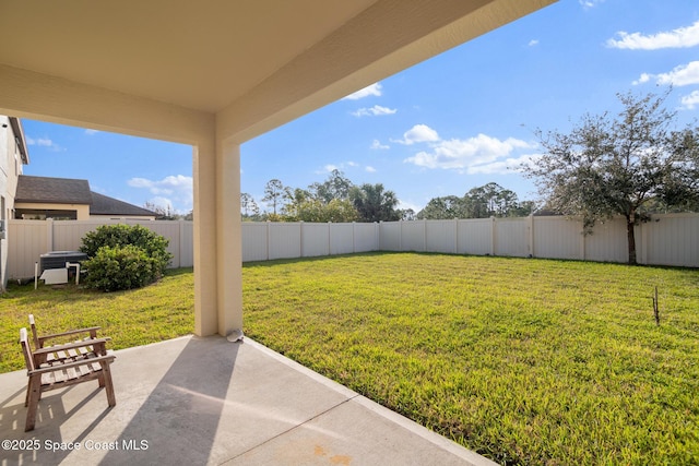 view of yard with a fenced backyard and a patio