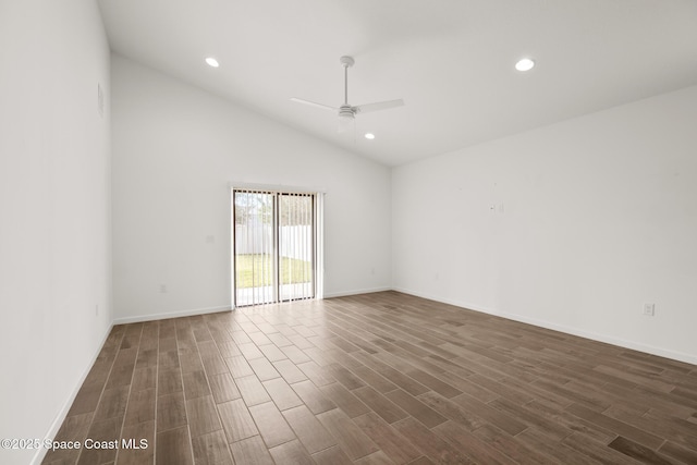 unfurnished room with ceiling fan, baseboards, dark wood finished floors, and recessed lighting