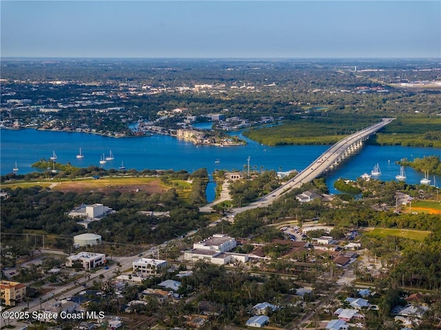 bird's eye view with a water view
