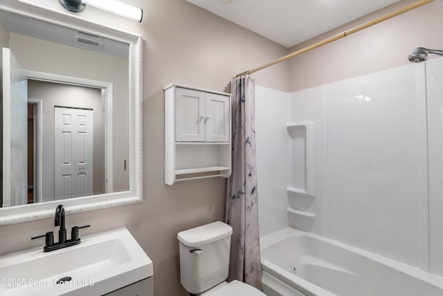 full bathroom with toilet, visible vents, shower / bath combination with curtain, and vanity