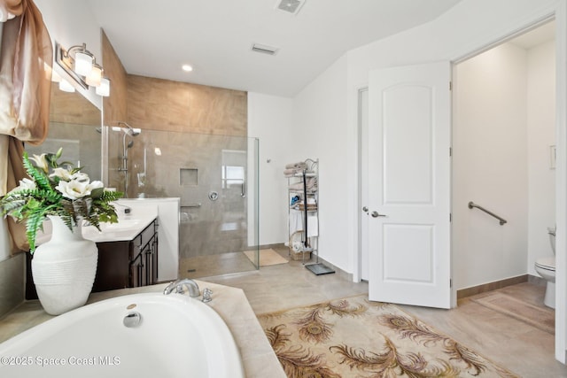 full bathroom with toilet, visible vents, vanity, a bath, and a stall shower