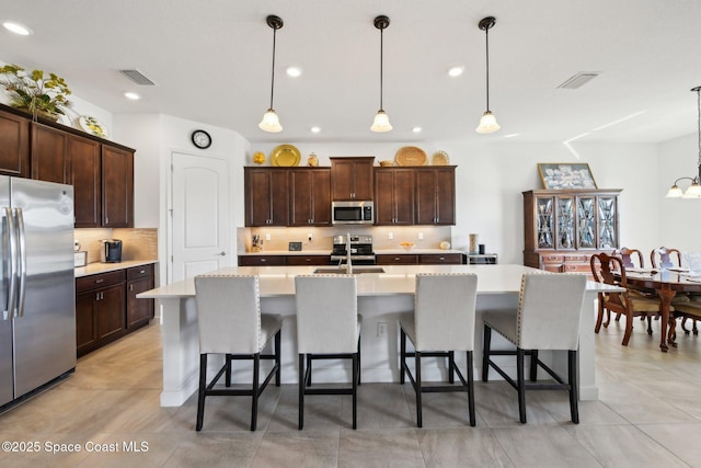 kitchen featuring a kitchen island with sink, stainless steel appliances, light countertops, and visible vents