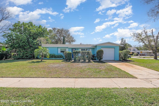 single story home featuring a front yard and a garage