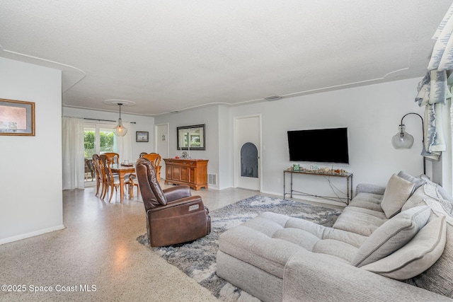 living room featuring a textured ceiling