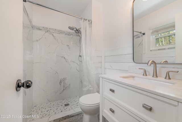 bathroom with toilet, vanity, and walk in shower