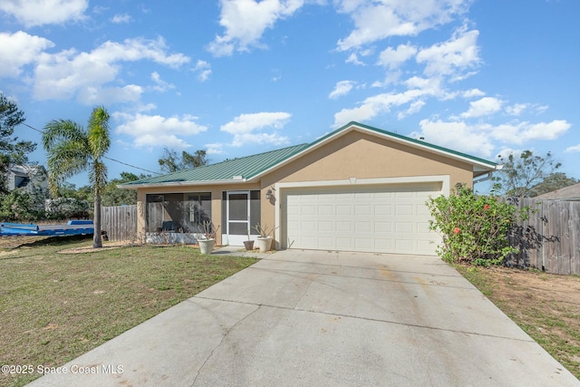 single story home featuring a garage, a sunroom, and a front lawn