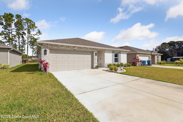 ranch-style house with a front lawn, driveway, an attached garage, and stucco siding