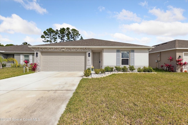 single story home with a garage, concrete driveway, a front lawn, and stucco siding