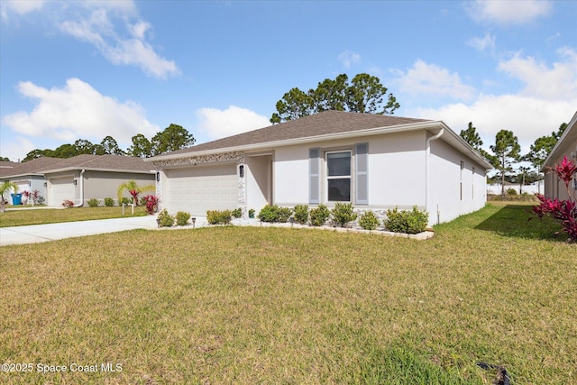 single story home with driveway, a garage, a front lawn, and stucco siding