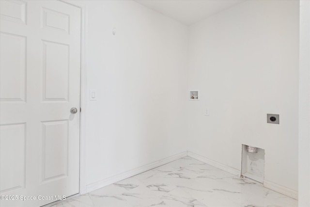 washroom featuring hookup for an electric dryer, laundry area, washer hookup, baseboards, and marble finish floor