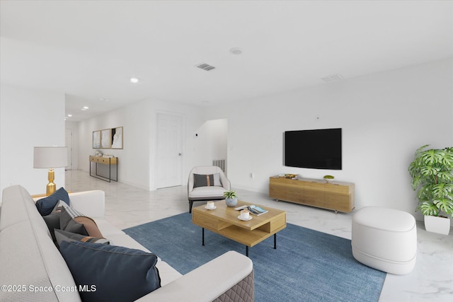 living room with marble finish floor, visible vents, and recessed lighting