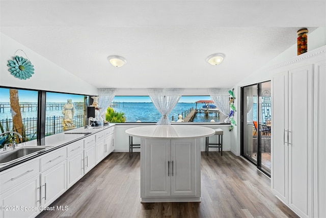 kitchen with vaulted ceiling, a sink, and white cabinetry