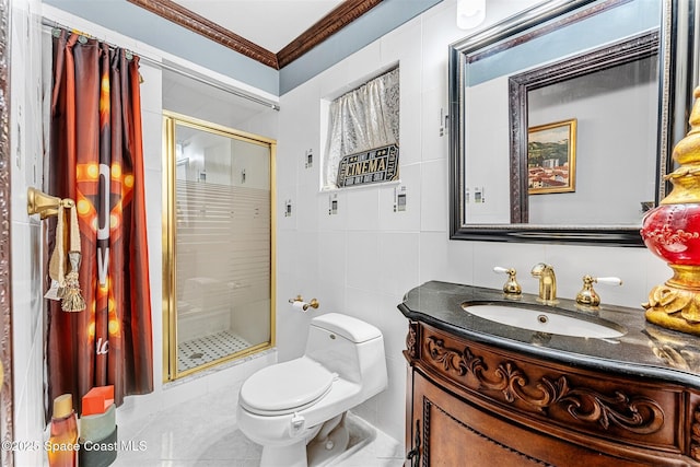 bathroom with toilet, crown molding, tile walls, and a shower stall