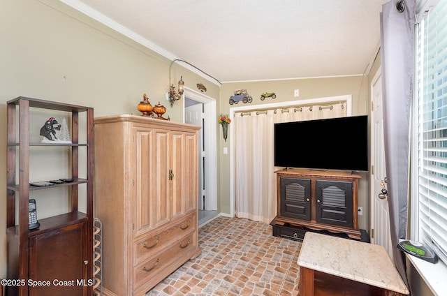 interior space with brick floor, baseboards, and ornamental molding