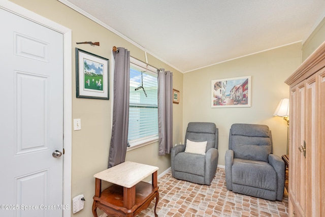 living area featuring ornamental molding, brick floor, and baseboards