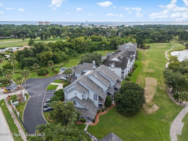 bird's eye view with a water view