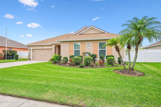 single story home with a front lawn and a garage