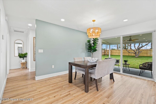 dining room featuring recessed lighting, light wood-type flooring, visible vents, and baseboards