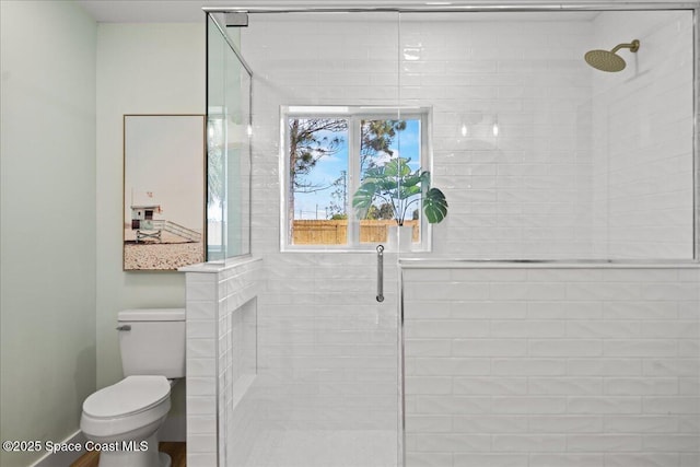 full bathroom featuring toilet and a shower stall