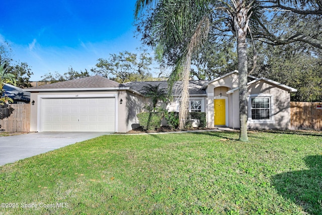 ranch-style home featuring concrete driveway, an attached garage, fence, a front lawn, and stucco siding