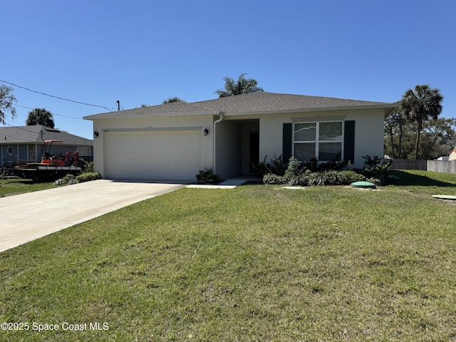 ranch-style home featuring a garage, driveway, a front lawn, and stucco siding