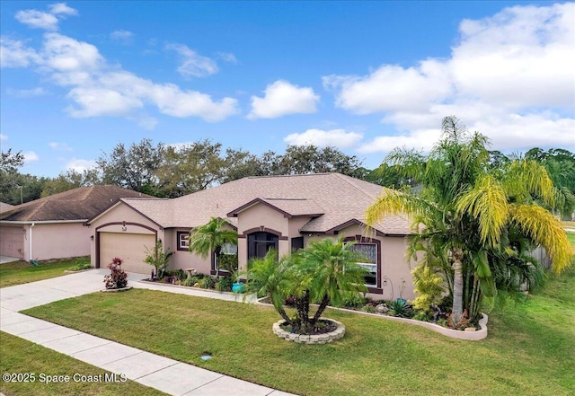 view of front of home featuring a garage, stucco siding, concrete driveway, and a front yard