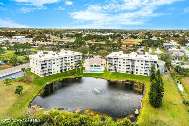 drone / aerial view featuring a water view