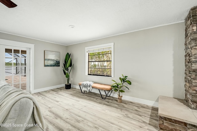 sitting room with light wood-type flooring, baseboards, and crown molding