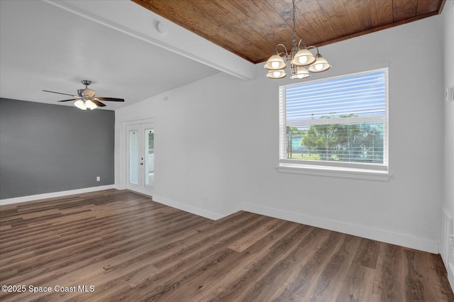 unfurnished room with french doors, dark wood-type flooring, wood ceiling, beamed ceiling, and baseboards