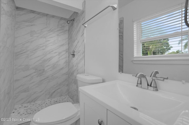 bathroom with toilet, a shower stall, and vanity