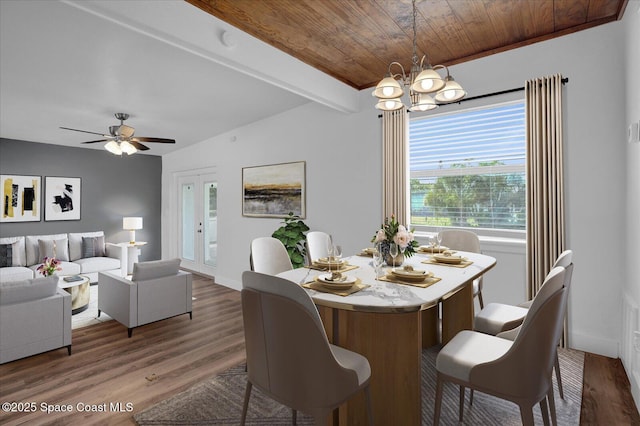 dining area with vaulted ceiling with beams, wooden ceiling, ceiling fan with notable chandelier, baseboards, and dark wood-style floors