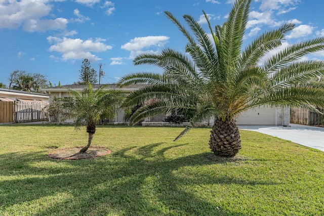 obstructed view of property with a garage, a front yard, driveway, and fence