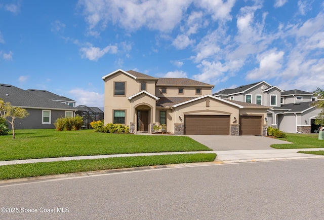 view of front of house with a lanai, stone siding, a residential view, stucco siding, and a front yard