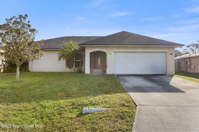 ranch-style home with driveway, roof with shingles, an attached garage, a front lawn, and stucco siding