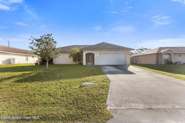 ranch-style home featuring a garage, driveway, a front lawn, and stucco siding